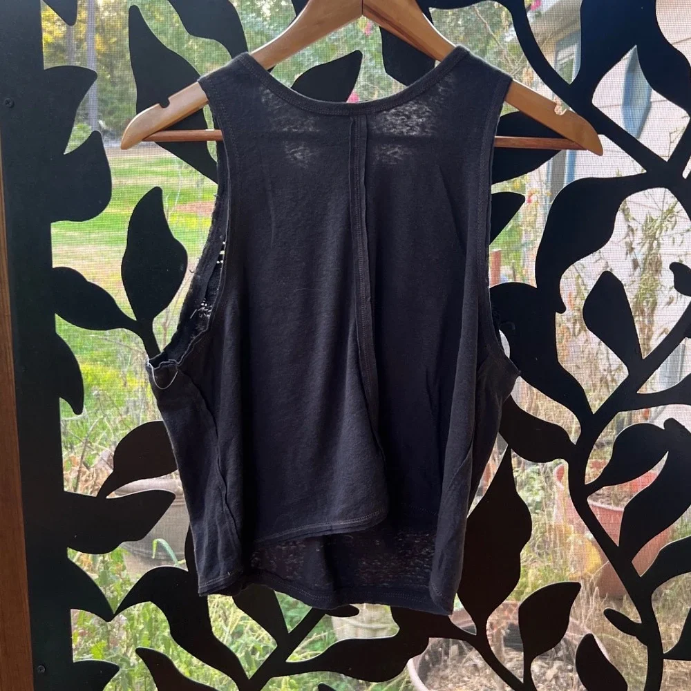 We The Free People Black Crochet Star Whipstitch Tank Top Medium Boho Distressed